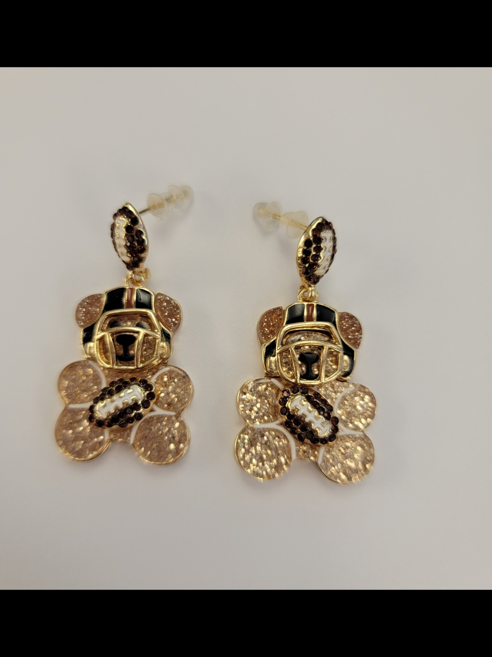 Gold Tone Teddy Bear Drop Earrings in Champagne Glitter